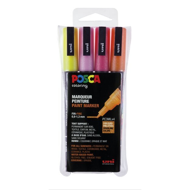 Posca - PC3M - Fine Tip Pen - Glitter pink, 4 pc