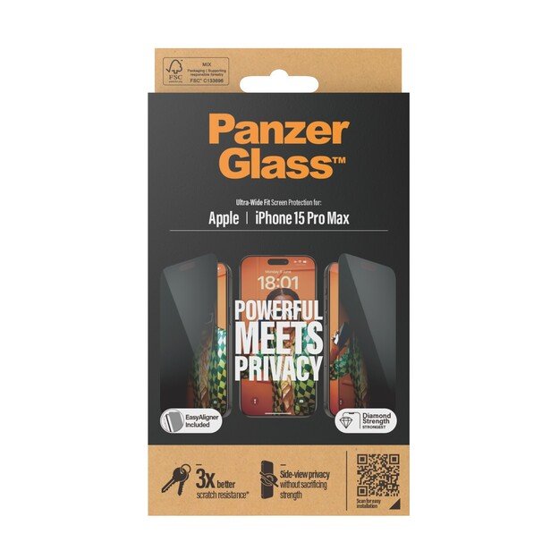 PanzerGlass - Privacy Screen Protector iPhone 15 Pro Max - Ultra-Wide Fit w. EasyAligner