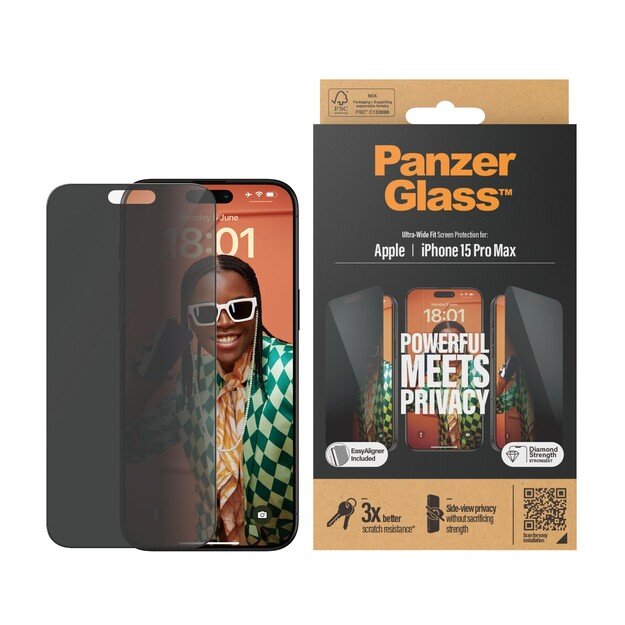 PanzerGlass - Privacy Screen Protector iPhone 15 Pro Max - Ultra-Wide Fit w. EasyAligner