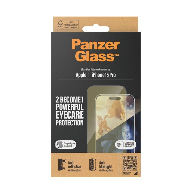 PanzerGlass - Eyecare Screen Protector iPhone 15 Pro - Ultra-Wide Fit m. EasyAligner