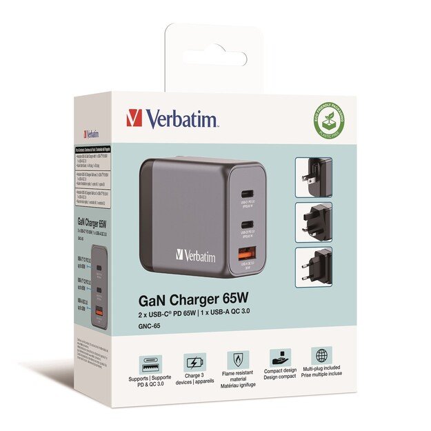 Verbatim - GNC-65 GaN Charger 3 Port 65W USB-A/USB-C