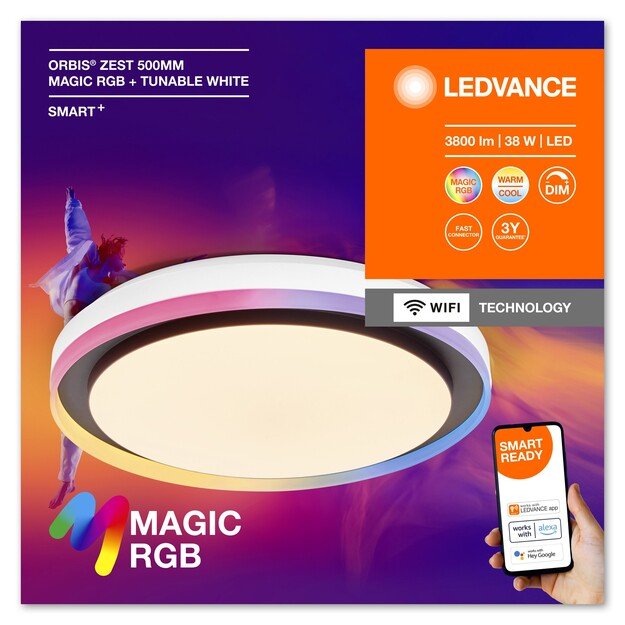 Ledvance - SMART+ Orbis Zest Magic - 3800lm, 38W, WiFi, RGB+827-865, 500mm Black/White