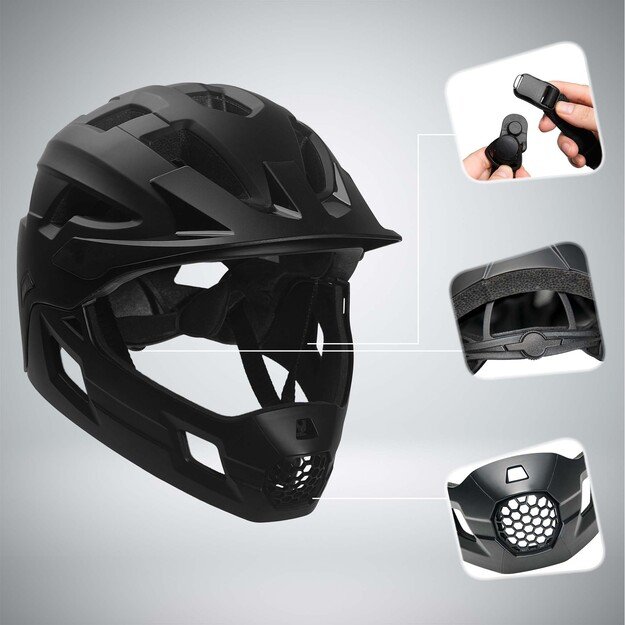 Crazy Safety - Fullface Bicycle Helmet for Kids Age 6-12 with Removable Chin Guard, Bug Net, and Sun Shade - Black - M (54-57 cm)