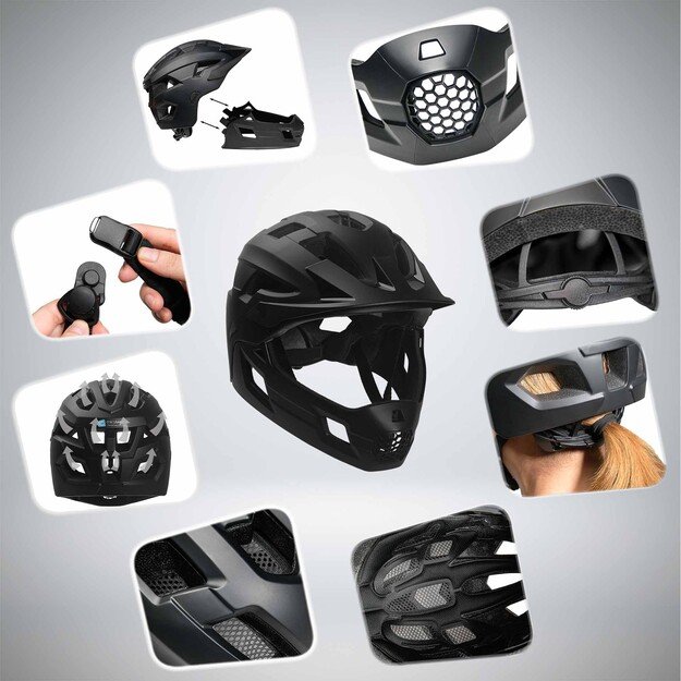 Crazy Safety - Fullface Bicycle Helmet for Kids Age 6-12 with Removable Chin Guard, Bug Net, and Sun Shade - Black - M (54-57 cm)