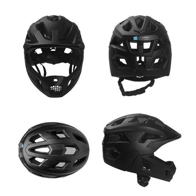 Crazy Safety - Fullface Bicycle Helmet for Kids Age 6-12 with Removable Chin Guard, Bug Net, and Sun Shade - Black - M (54-57 cm)