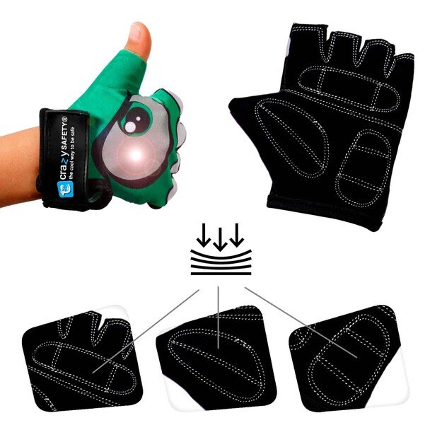 Crazy Safety - Kids bike gloves with reflective eyes and padded palms - Green - Size S