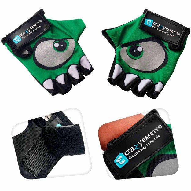 Crazy Safety - Kids bike gloves with reflective eyes and padded palms - Green - Size S