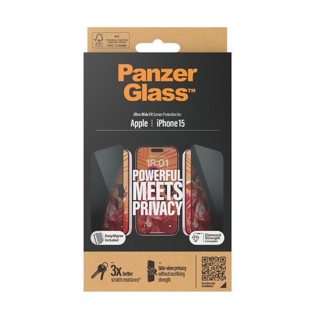 PanzerGlass - Privacy Screen Protector iPhone 15 - Ultra-Wide Fit w. EasyAligner