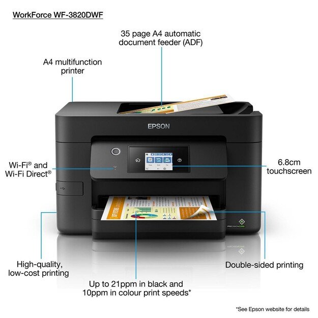 Epson - WorkForce Pro WF-3820DWF Print, Scan, Copy, Fax,