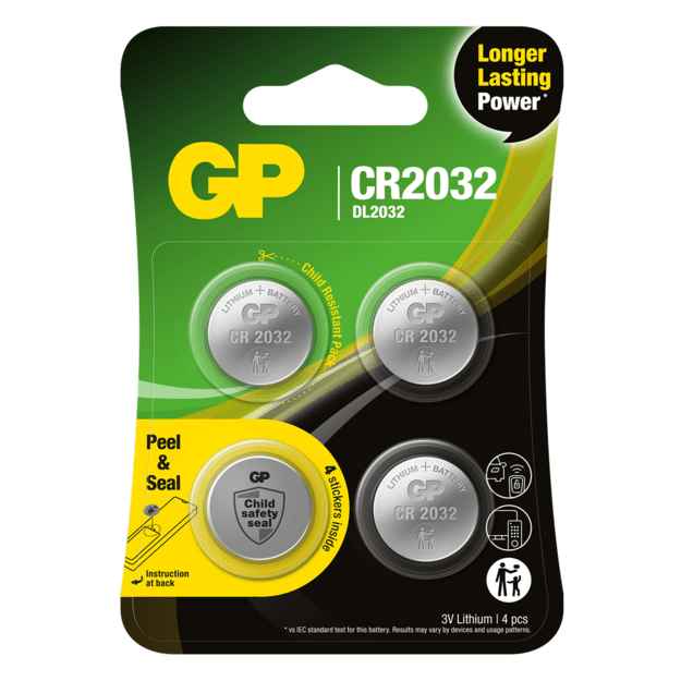 GP - Lithium Cell Battery CR2032, 3V, Safety Seal, 4-pack