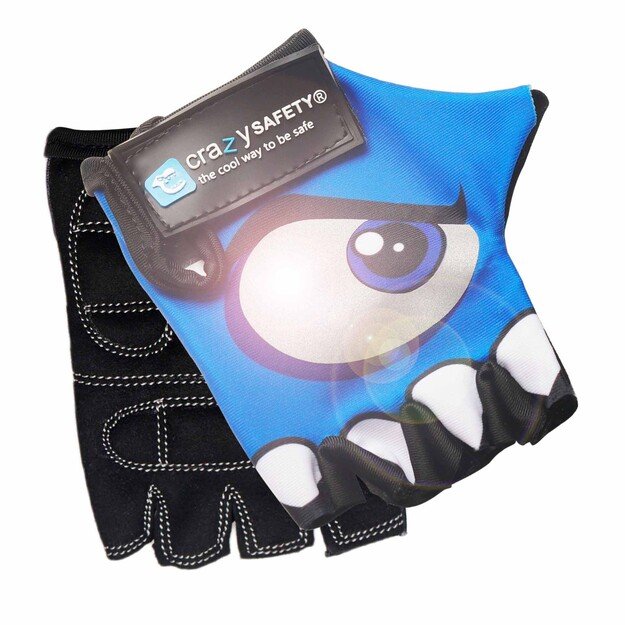 Crazy Safety - Kids bike gloves with reflective eyes, padded palms - Blue - Size S