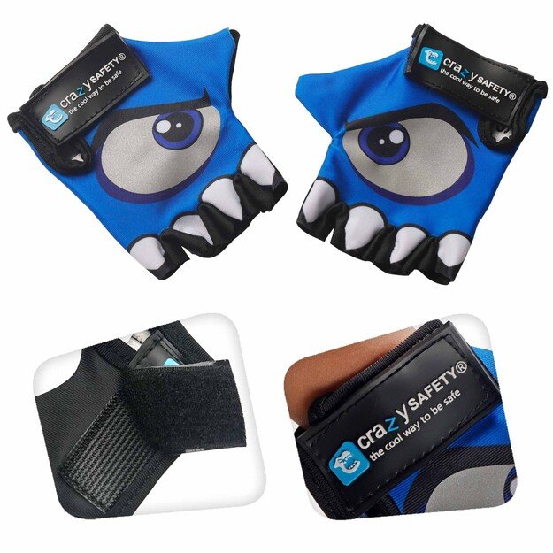 Crazy Safety - Kids bike gloves with reflective eyes, padded palms - Blue - Size S