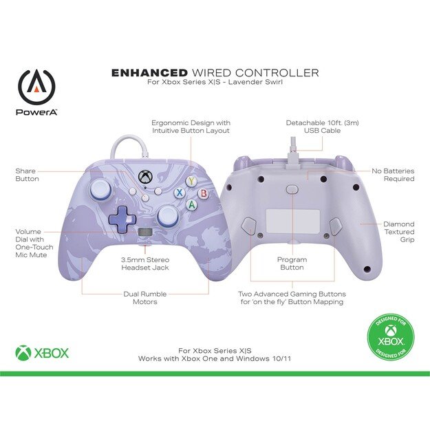 PowerA Enhanced Wired Controller - Xbox Series X/S - Lavender Swirl