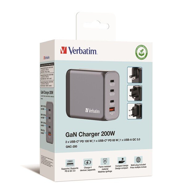 Verbatim - GNC-200 GaN Charger 4 Port 200W USB-A/USB-C