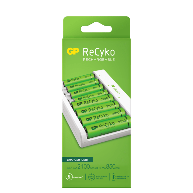 GP - ReCyko Battery Charger USB E811 incl. 4x AA 2100 mAh + 4 x AAA 850 mAh Batteries