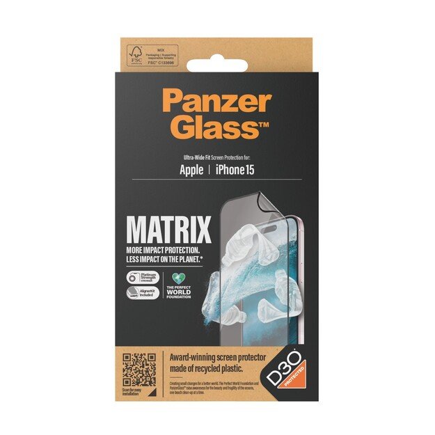 PanzerGlass - ECO MATRIX Screen Protector with D3O® iPhone 15 - Ultra-Wide Fit w. AlignerKit