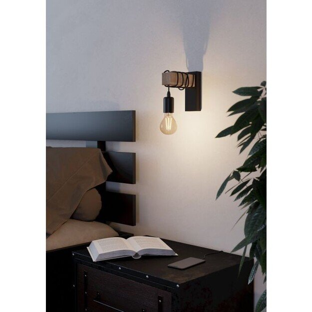 EGLO TOWNSHEND wall lamp in black and FSC-approved wood