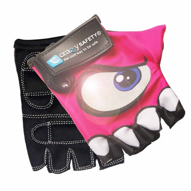 Crazy Safety - Pink kids bike gloves with reflective eyes, padded palms - Pink - Size S