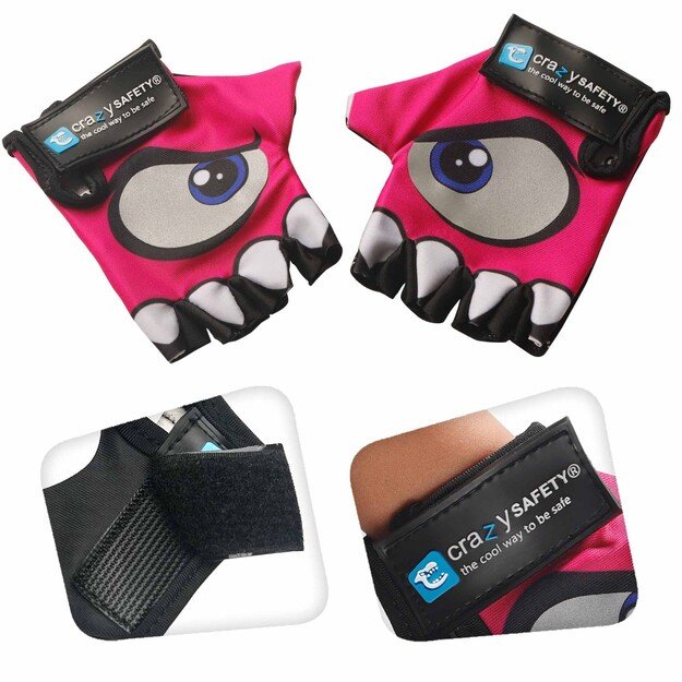 Crazy Safety - Pink kids bike gloves with reflective eyes, padded palms - Pink - Size S