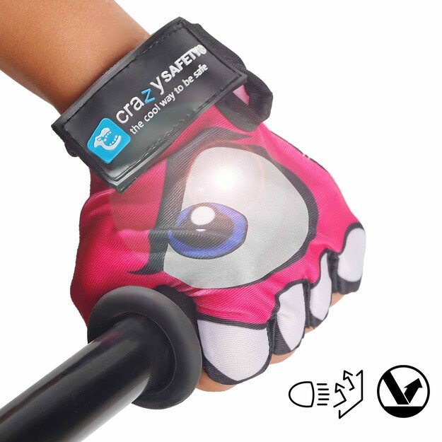 Crazy Safety - Pink kids bike gloves with reflective eyes, padded palms - Pink - Size S