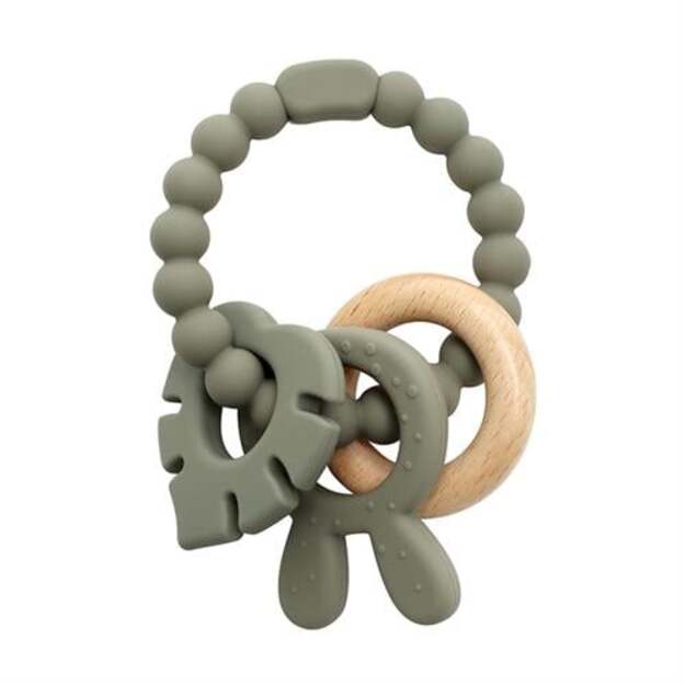 Magni - Teether bracelet silicone with wooden ring leaves and bunny-ears appendix - Green (5578)