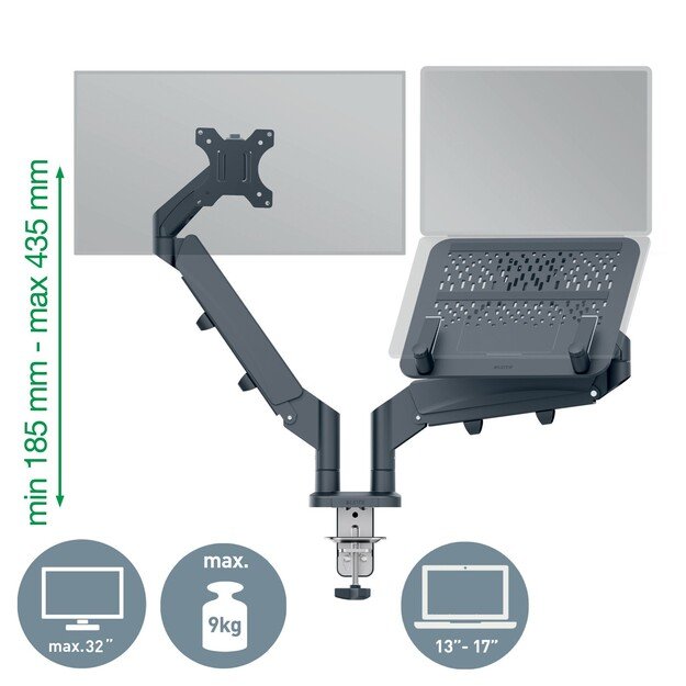 Leitz - Ergo Monitor arm space-saving dual with laptop arm - Dark grey