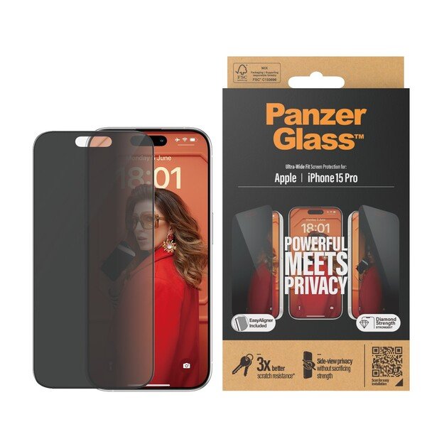 PanzerGlass - Privacy Screen Protector iPhone 15 Pro - Ultra-Wide Fit w. EasyAligner