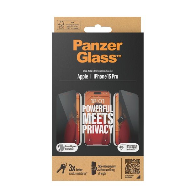 PanzerGlass - Privacy Screen Protector iPhone 15 Pro - Ultra-Wide Fit w. EasyAligner