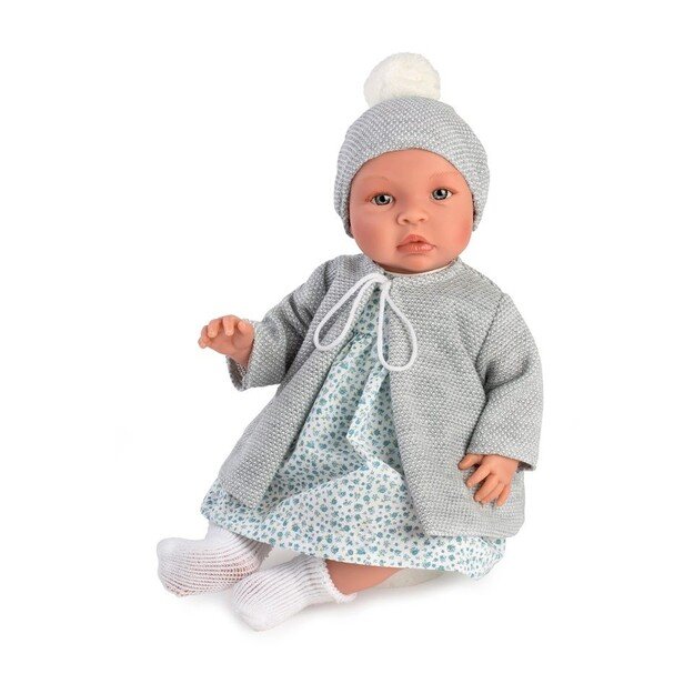 Asi - Leonora baby doll in blue flowerprint dress and grey jacket