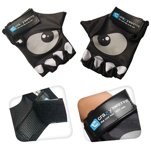 Crazy Safety - Black kids bike gloves with reflective eyes and padded palms - Black - Size S