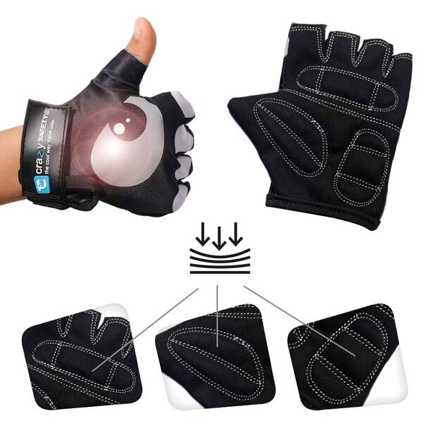 Crazy Safety - Black kids bike gloves with reflective eyes and padded palms - Black - Size S