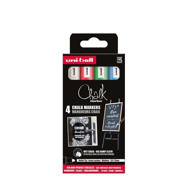 Uni - Chalk Marker PWE-5M, set of 4 markers - blue, green, red & white (401577)