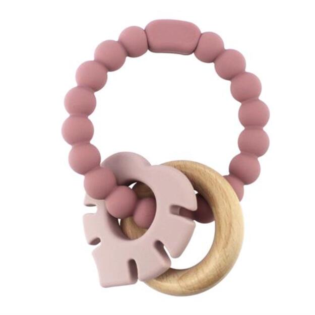 Magni - Teether bracelet silicone with wooden ring and leaves appendix -Dusty rose (5545)