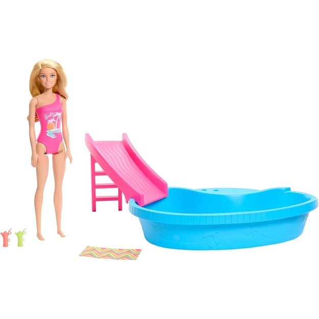 Barbie - Doll And Pool Playset, Blonde With Pool, Slide, Towel And Drink Accessories (HRJ74)