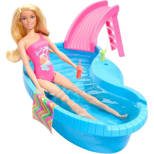 Barbie - Doll And Pool Playset, Blonde With Pool, Slide, Towel And Drink Accessories (HRJ74)