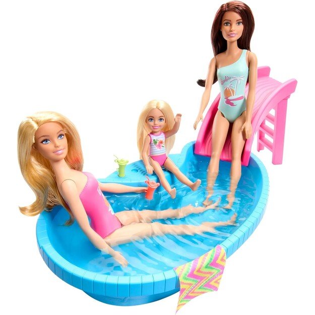 Barbie - Doll And Pool Playset, Blonde With Pool, Slide, Towel And Drink Accessories (HRJ74)