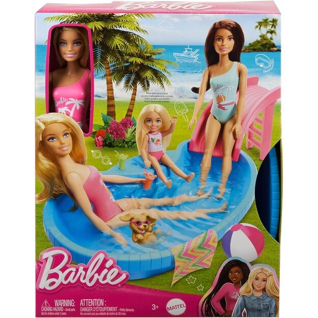 Barbie - Doll And Pool Playset, Blonde With Pool, Slide, Towel And Drink Accessories (HRJ74)