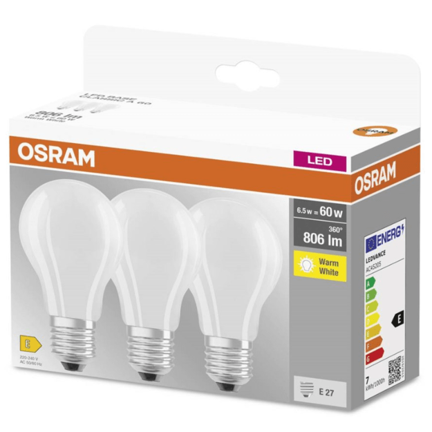 OSRAM LED BASE standard mat 806lm 6,5W/827 (60W) E27 3-pak