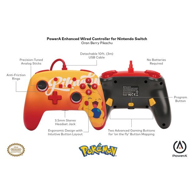 PowerA NSW ENH Wired Controller - Oran Berry Pikachu /Nintendo Switch