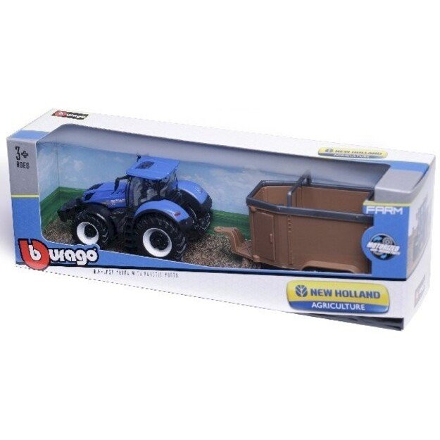 BURAGO - Tractor w/livestock trailer N.H. T7.615 10cm blue (141509)