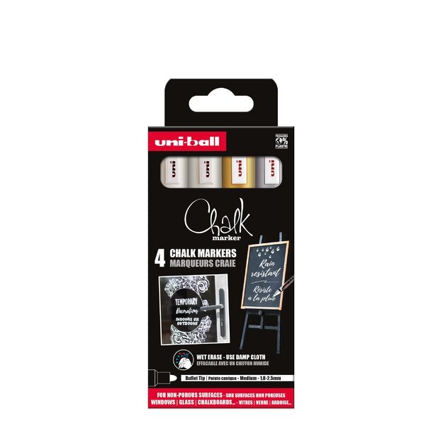 Uni - Chalk Marker PWE-5M, set of 4 markers - gold, silver & 2 x white (401579)