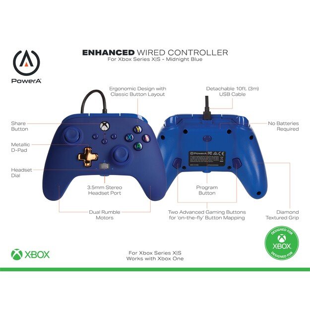 PowerA Enhanced Wired Controller - Xbox Series X/S - Midnight Blue