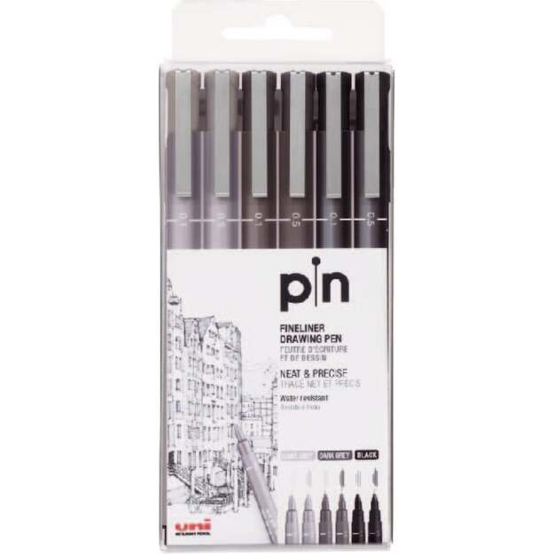 Uni - Fineliner - Black/grey (6 pcs) (401231)