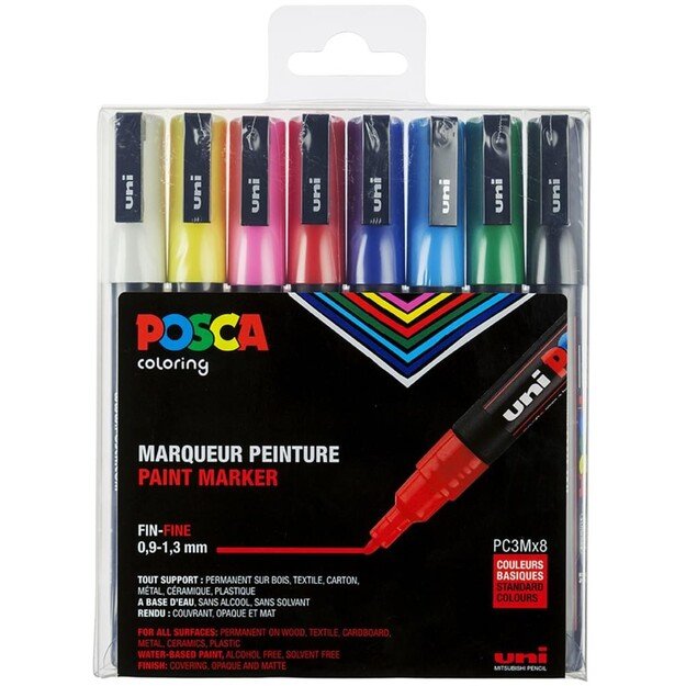 Posca - PC3M - Fine Tip Pen - Basic Colors, 8 pc