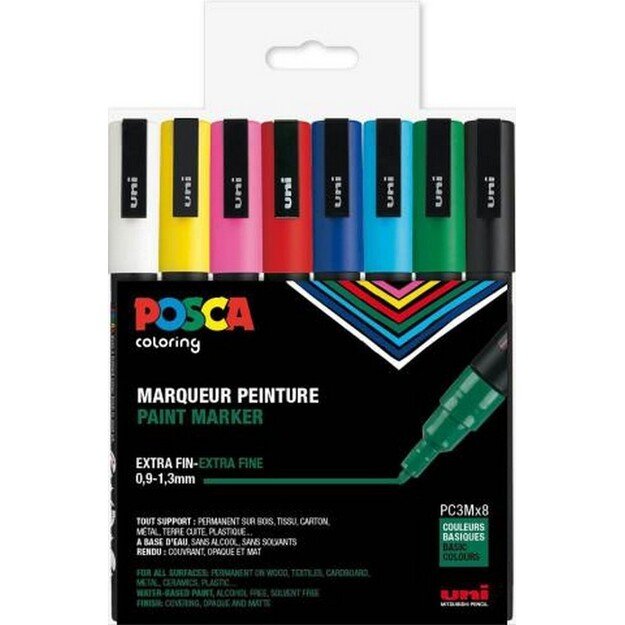 Posca - PC3M - Fine Tip Pen - Basic Colors, 8 pc