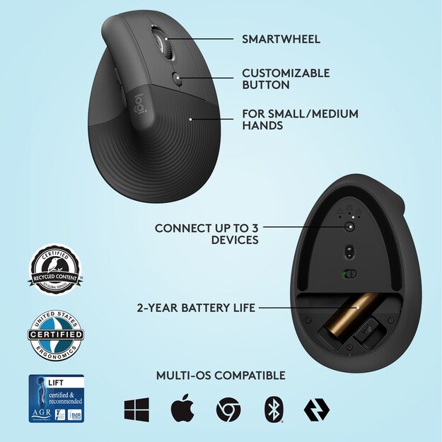 Logitech - Lift Right Vertical Ergonomic Mouse, Graphite/Black