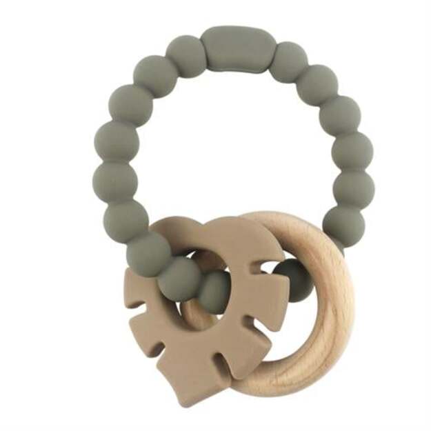 Magni - Teether bracelet silicone with wooden ring and leaves appendix - Grey (5544)