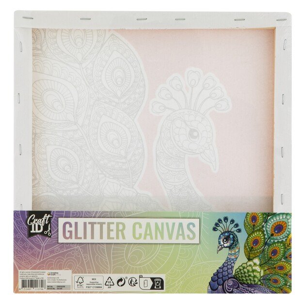 Craft ID - Glitter canvas with print, 30x30 cm - Peacock