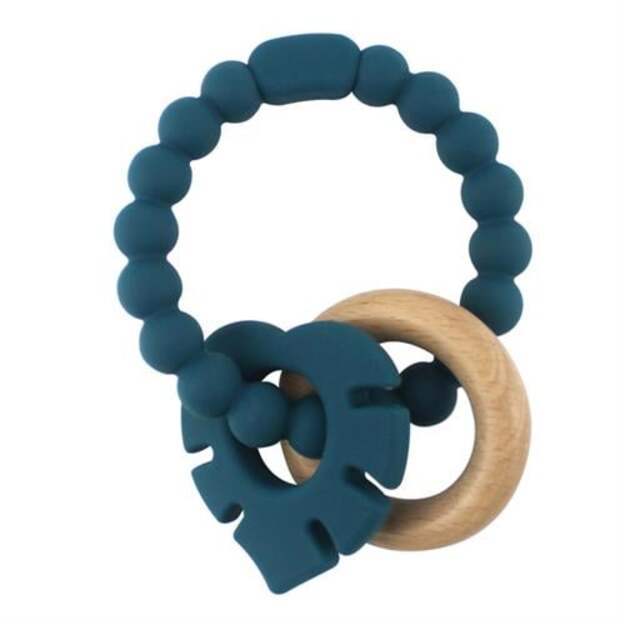 Magni - Teether bracelet silicone with wooden ring and leaves appendix - Petroleum green (5546)