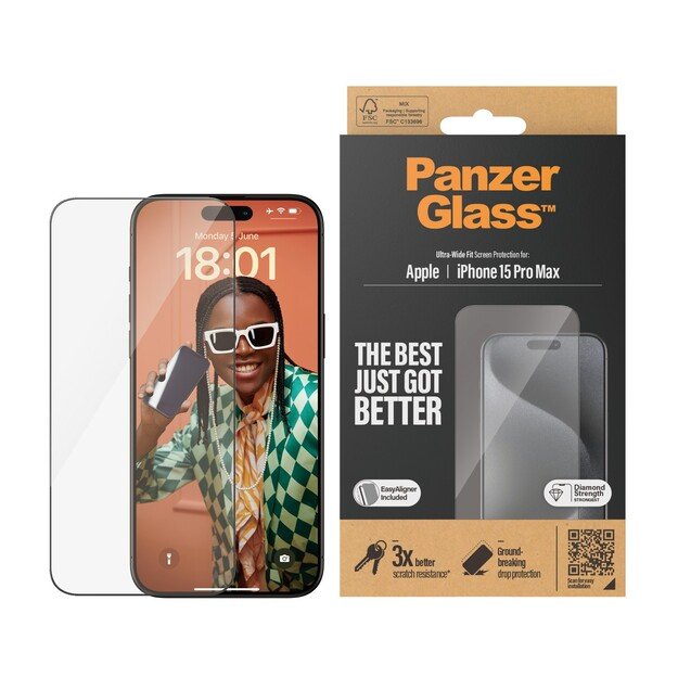 PanzerGlass - Screen Protector iPhone 15 Pro Max - Ultra-Wide Fit w. EasyAligner